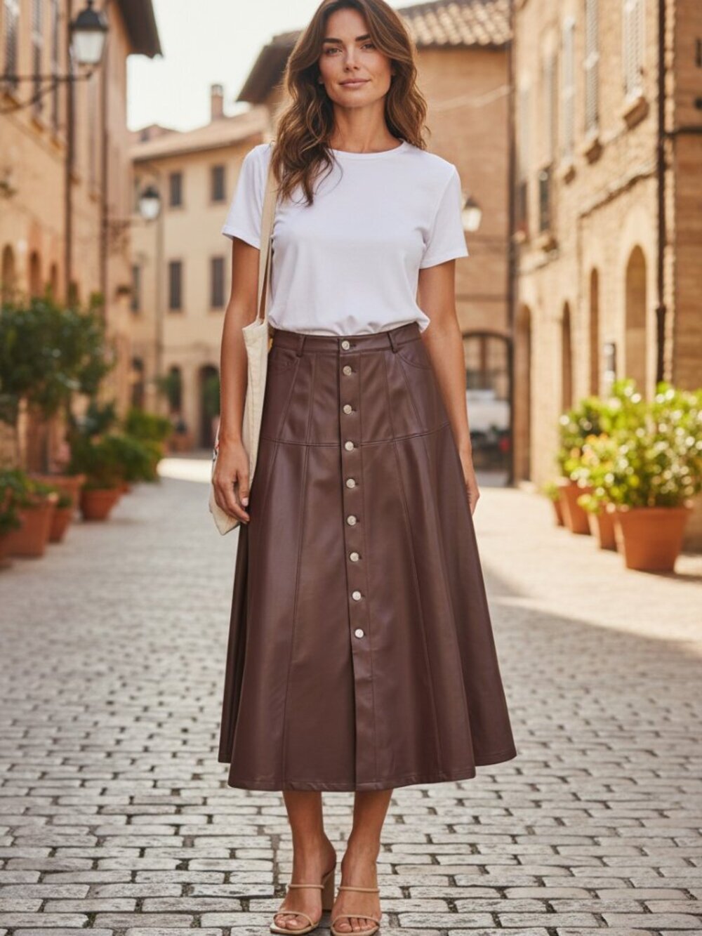 FATE Brown Faux Leather Button Front Midi Skirt Vintage Inspired Sz S | NWT